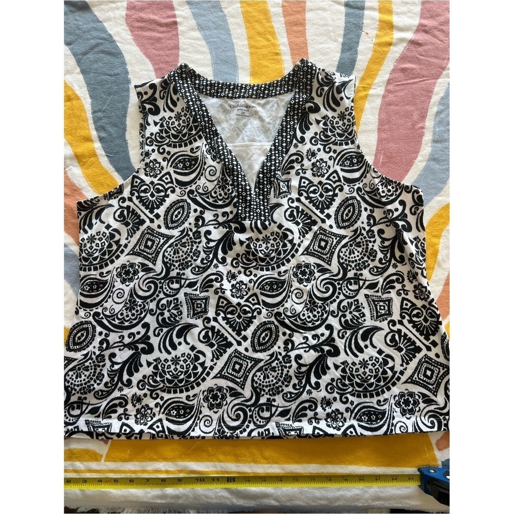 Croft & Barrow Black White Paisley Tank Top Womens 2X V-Neck Stretch Sleeveless